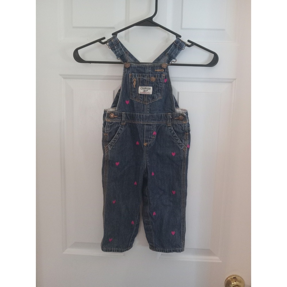 Oshkosh Girl Embroidered Hearts Overalls Size 18 Months Snap Vestbak Denim Jeans